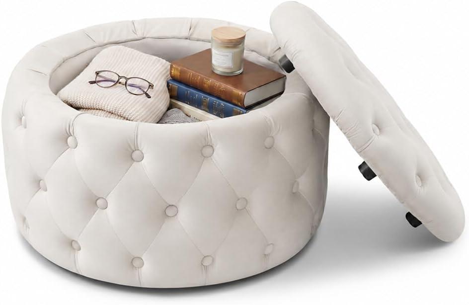 Oval Storage Ottoman with Button-Tufted Diamond Stitch, Upholstered Storage Bench with Lift Top, Multifunctional Footrest Stool for Living Room, Bedroom, Entryway (White), Large