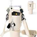 dabria Water Bottle Carrier Bag with Phone Pocket for Stanley 40/30 oz Tumbler Neoprene Water Bottle Holder Pouch with Adjustable Strap Bollus with Straw Cover & Carabiner for Stanley Cup Accessories (Cream)