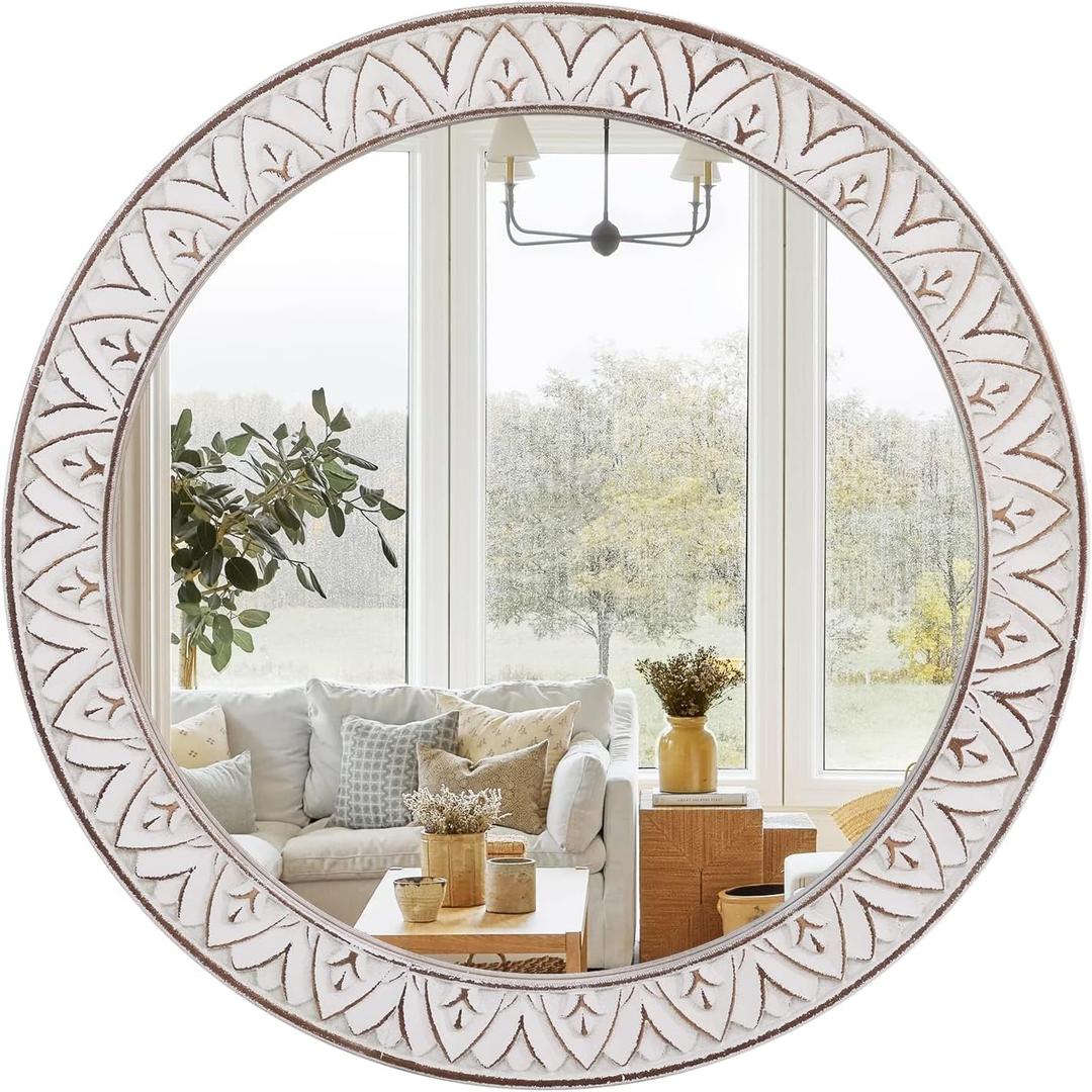 24" Round Mirror Farmhouse Wooden Frame Circle Mirrors, Rustic Decorative Distressed Wall Mounted Mirror for Bathroom, Bedroom, Living Room, Entryway, Fireplace, Hall (Flower White)