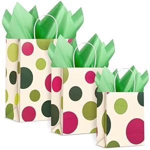 Humyoun 12 Pack Graduation Gift Bags(4 Small 6.5" 4 Medium 9.6" 4 Large 13")with Tissue Paper St. Patrick's Day Treat Bag for Mother's Day Easter Birthday Baby Bridal Shower(Light Red and Green Dots)