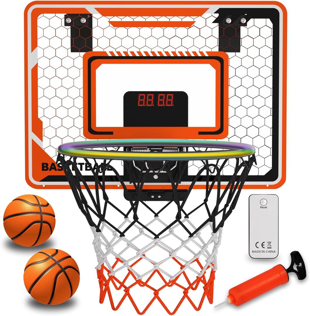 LED Basketball Hoop for Kids - Over The Door Indoor Hoop with Electronic Scoreboard & 3 Mini Balls, Birthday Gift for Boys Girls Ages 5 6 7 8 9 10 11 12+ Years Old (Single)