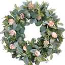 TEMPUS 24" Artificial Eucalyptus Wreath for Front Door - Spring Summer Farmhouse Decorwith Lamb's Leaves Shells Indoor/Outdoor Green Wreath