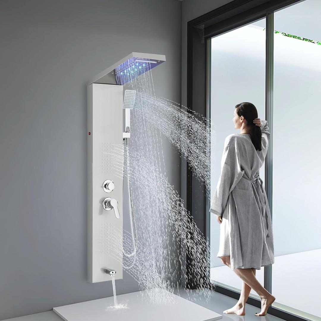 Shower Panel Wall Mount Shower Tower with Body Shower Jets LED Shower Head Rainfall Shower Panels System Stainless Steel Shower Faucet Set, Brushed Nickel