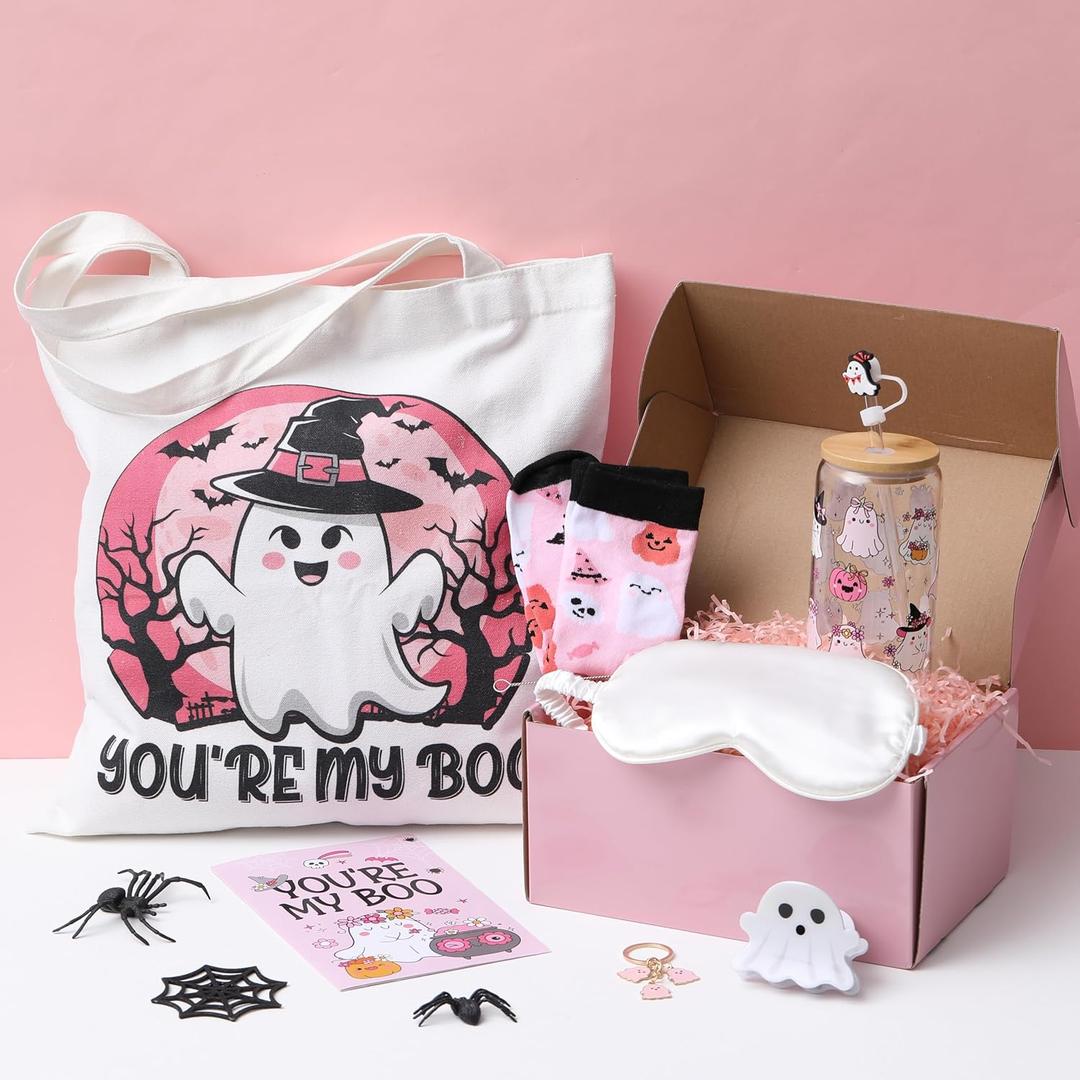 9 Pcs Halloween Pink Boo Basket Stuffers Gifts for Women, Ghost Glass Cups Tumbler 16 oz with Lid, Pink Tote Bags, Socks, Halloween Gifts Box for Teens Girls Her Sister Family Friends Adult