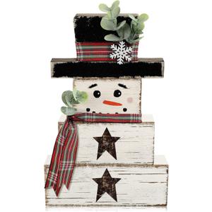 Yousoontic 4 Pcs Winter Snowman Wooden Table Decorations Snowman Rustic Block Signs Centerpiece Tiered Tray Decor Wood Farmhouse Vintage Ornaments Gift Tabletop Decor for Entryway Home Desk Room