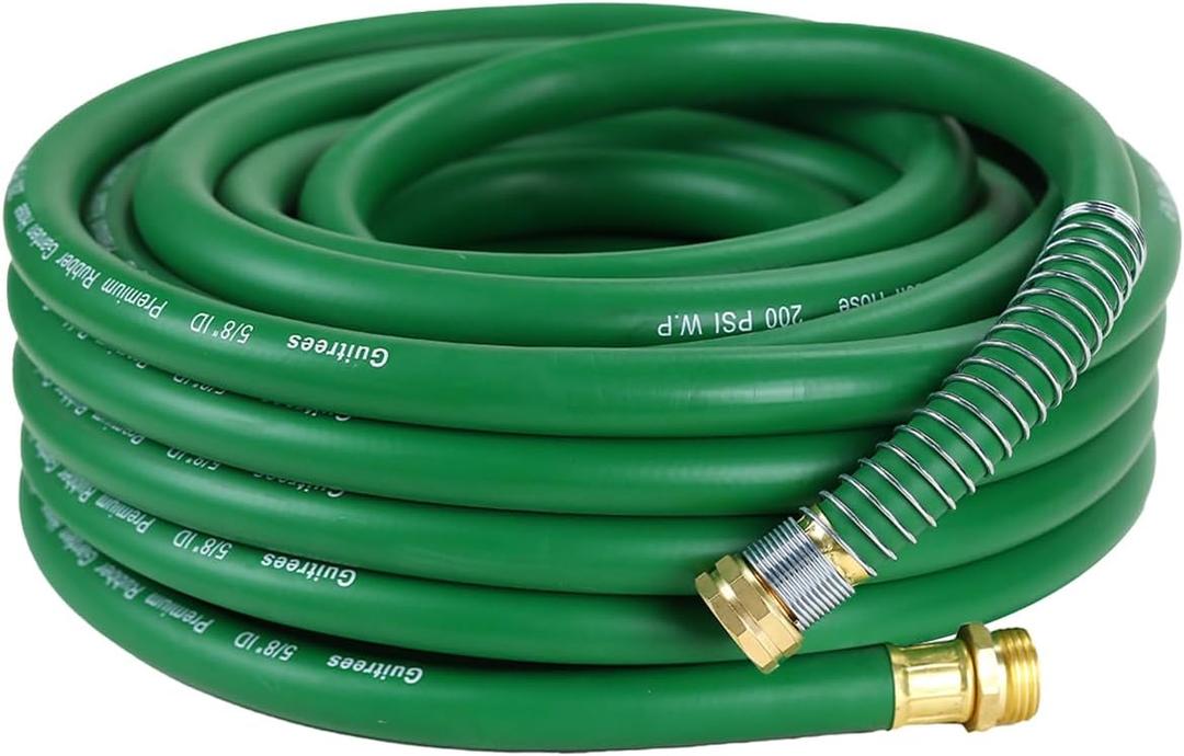 Guitrees 25FT 5/8 Heavy Duty Rubber Garden Hose - 300psi Working, 1000psi Burst - Hot/Cold Water - Five-Layered Braiding for Durability - Versatile for Gardening, Agriculture, Construction(Green)