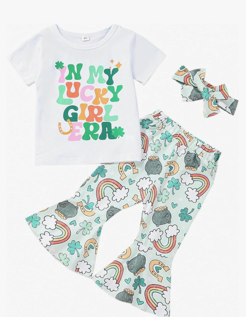 Noubeau Toddler Baby Girls St.Patrick's Day Outfit Kid Clover Short Sleeve Shirt Tops Shamrock Flare Pants Sets Headband 5-6 Y