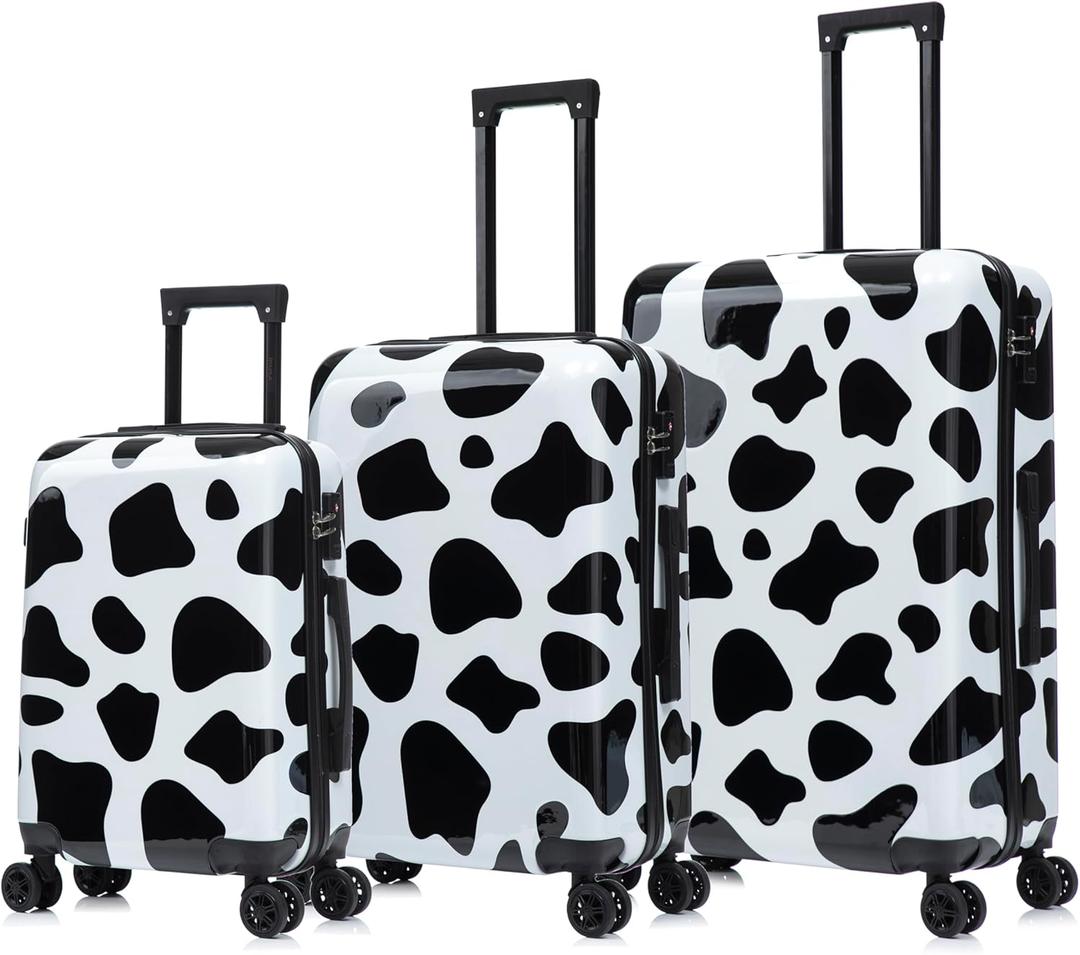 InUSA Cow Print Luggage with Spinner Wheels | Durable Lightweight Hardside Suitcase | Travel Bag with Handle and Trolley | (20in, 24in, 28in) 3 Piece Set