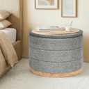 Round Storage Ottoman with Tray Lid, Folding Chenille Fabric Footrest with Hidden Storage, 22.8" Large Footstool Side Table for Dorm Living Room Bedroom, Wood Grain Base, Grey, 22.8"D x 22.8"W x 17.3"H