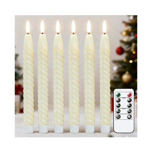 Flameless Taper Candles Flickering with Remote Timer, LED Taper Candles Battery Operated Warm 3D Wick Spiral 6 Pack Real Wax Home Birthday Decor 9.8" Ivory