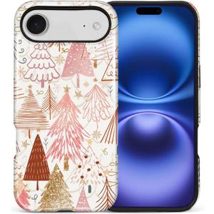 Case Compatible with iPhone 17 Air, Hybrid 2-Layer Case, Military-Grade Protection Durable Shockproof Anti-Scratch Phone Cover, Pink Christmas Tree