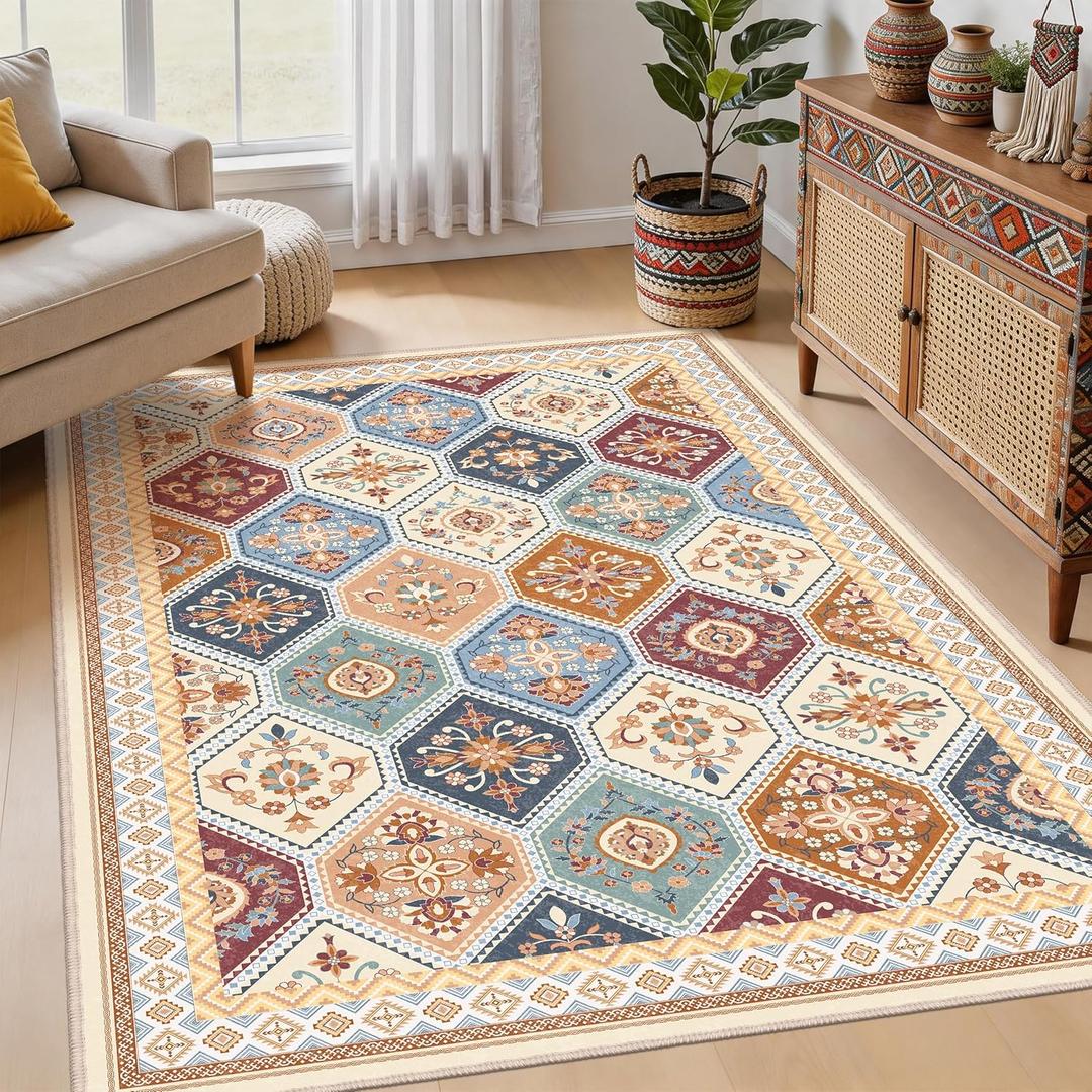 4x6 Area Rug, Soft Non-Slip Boho Moroccan Rug, Low-Pile Printed Indoor Washable Area Rugs for Living Room, Bedroom Bedside, Entryway, Kitchen - Multi