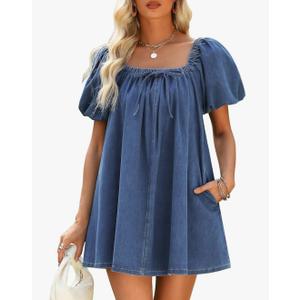 Denim Dress for Women, Puff Short Sleeve Jean Dress Square Neck Denim Romper with Pockets, S