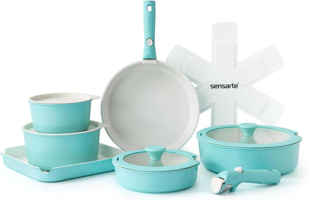 SENSARTE 17 Piece Ceramic Pots and Pans Set, Nonstick Detachable Handle Cookware, Induction Kitchen Cookware Set with Removable Handle, Dishwasher  Oven Safe, PFAS/PTFE/PFOA Free (Turquoise)