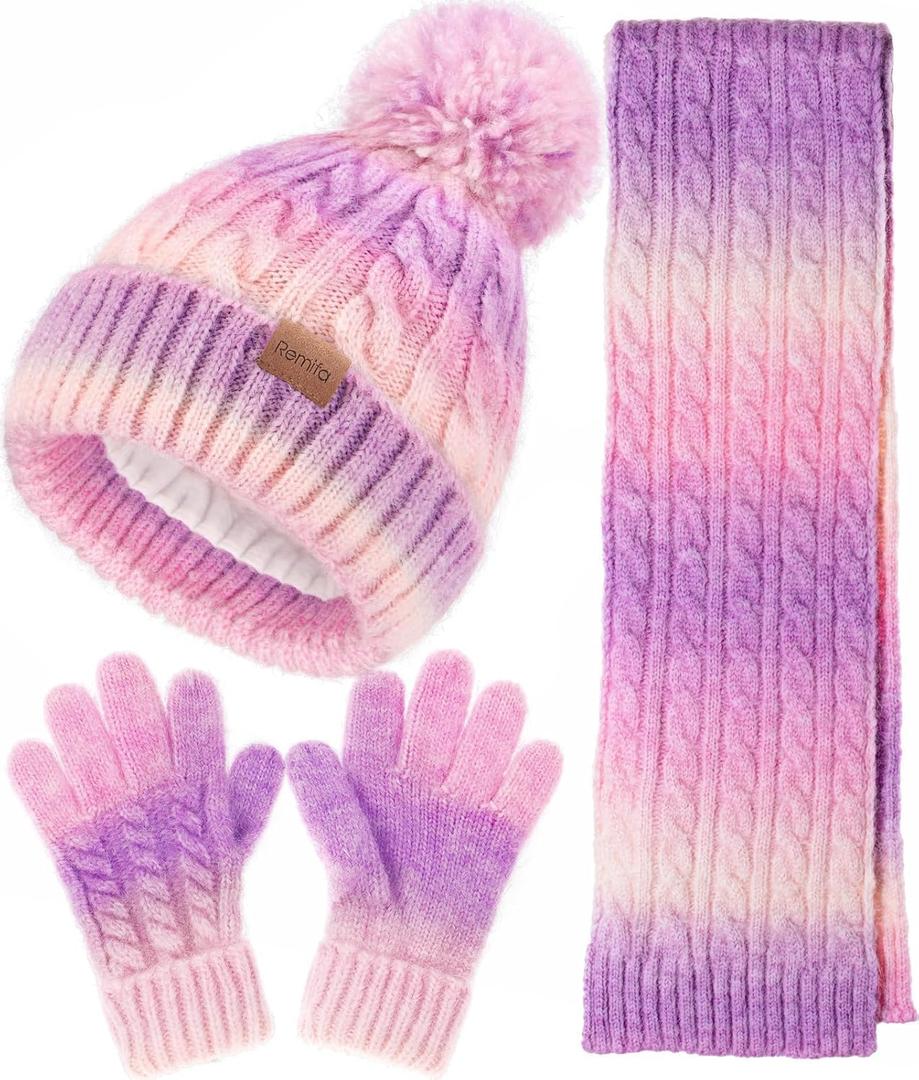 Remifa Kids Winter Hat Scarf Gloves Set, Girls Boys Toddler 8% Wool Warm Fleece Beanie Knit Neck Scarf Mittens Christmas Gift (3-8 Years Old, Candy)