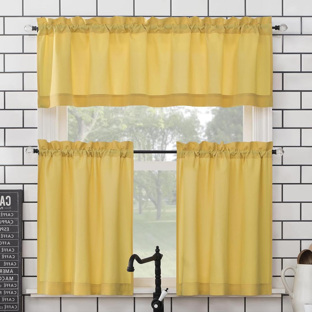 No. 918 Martine Microfiber Semi-Sheer Rod Pocket Kitchen Curtain Valance and Tiers Set, 54" x 45", Yellow