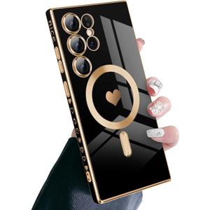 Newseego for Samsung Galaxy S24 Ultra Magnetic Case, Luxury Cute Love Heart Design Plating Edge Case for Women Girls Soft TPU Shockproof Camera Lens Protector Case for Samsung Galaxy S24 Ultra-Black
