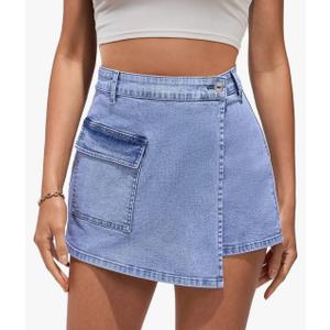 luvamia Denim Skorts for Woman Cargo Faux Wrap Jean Skort Skirts Stretchy High Waisted Skirt Shorts Country Concert Wear, M