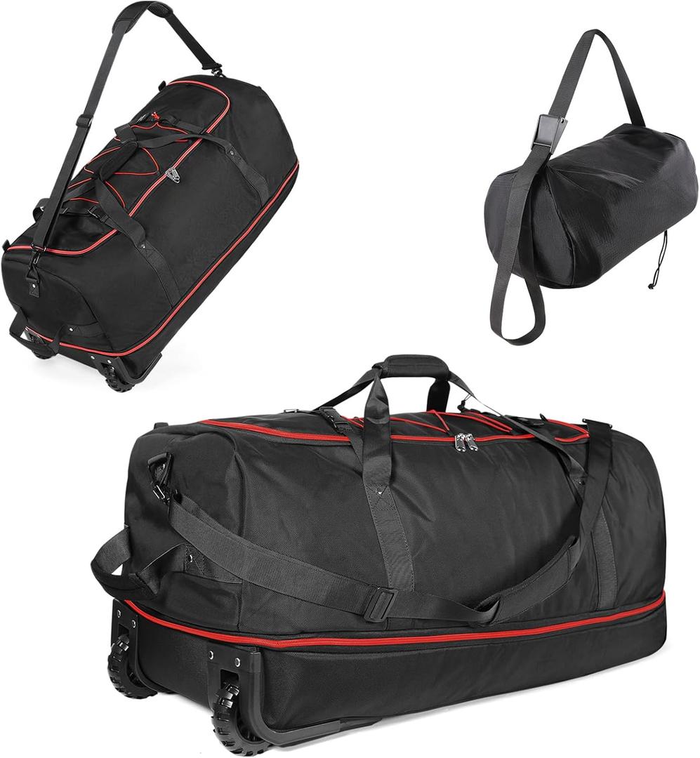 32" Soft-Sided Foldable Wheeled Duffle Bag, 110L Expandable 140L Rolling Travel Bag with Matching Storage Pouch, Updated Black-Red
