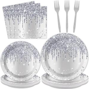 96 Pieces Silver Glitter Party Tableware Set for Denim and Diamonds Party Decorations Silver Plates and Napkins Forks Glitter Diamonds Theme Birthday Table Decorations for 24 Guests Parties Supplies