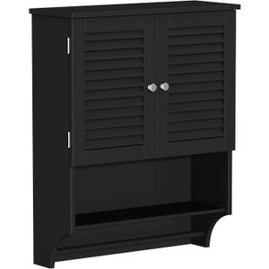 Wall-Mounted Bathroom Cabinet with Adjustable Shelves & Towel Bar  Water-Resistant MDF Storage with Louvered Doors & Open Shelf for Toiletries, Linens, and Towels (Black)