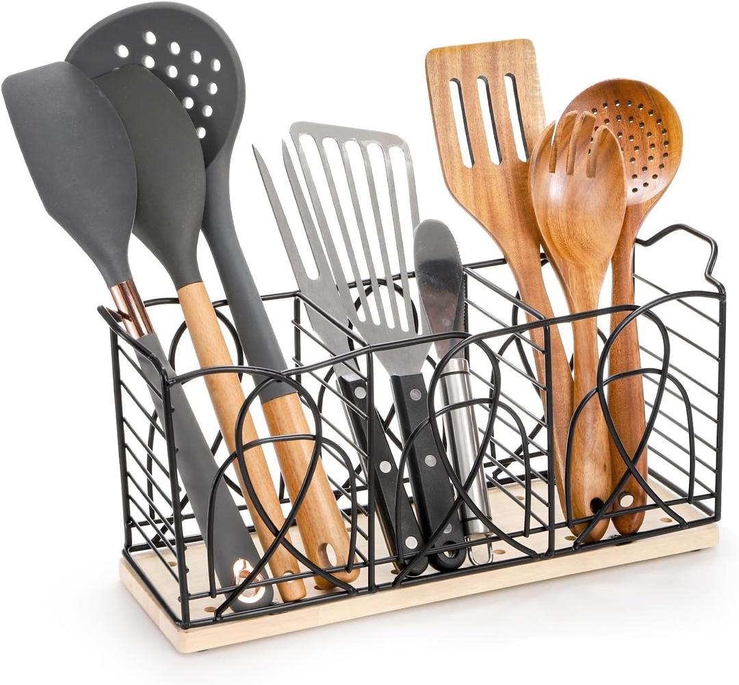 Large Rectangular Utensil Holder, Black Metal Cooking Utensil Organizer with 3 Compartment Wooden Base, Large Spatula Holder Storage for Countertop Kitchen Tool