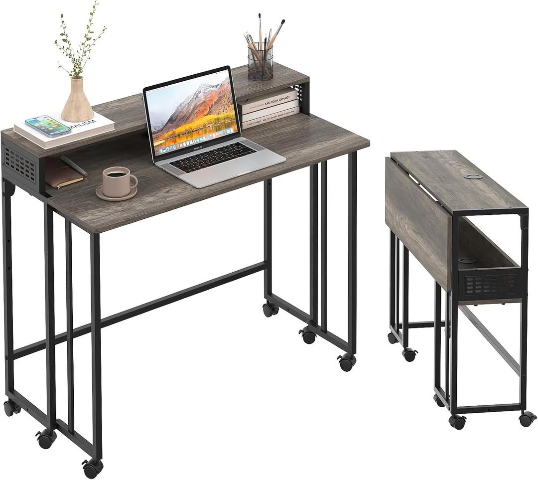 Gezen Folding Desk with Storage Shelf, Small Rolling Desk with Wheels, Mobile Sofa Side Table for Home Office Small Space, Dark Grey, 31.5"