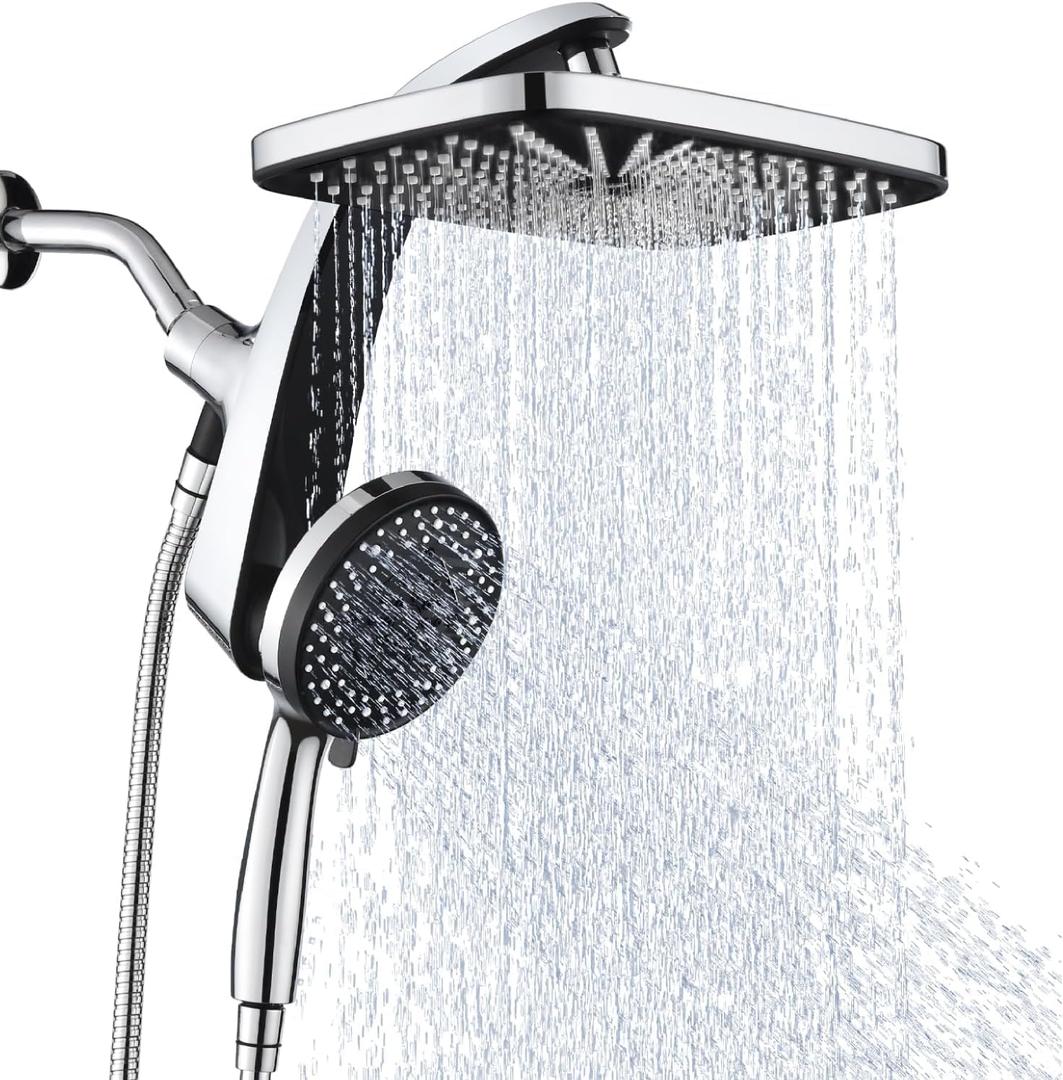 High Pressure Rain Shower Head: Upgrade Shower Heads with Handheld Spray Combo with Fixed Showerhead and 10 Sprays Handheld Shower Head, Detachable Shower Head Built-in Magnetic Docking and Power Jets