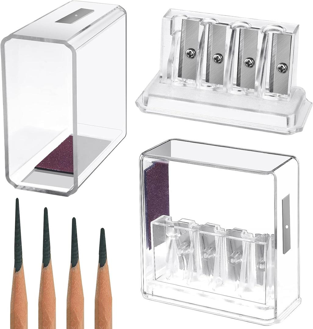 2 Pieces Carpenter Long Point Manual Pencil Sharpener with Plastic Lid 4 Holes Handheld Sharpener for Sketching, Charcoal, Colored Pencils (Transparent)