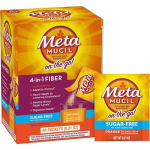 Metamucil On-The-Go, Daily Psyllium Husk Powder Supplement, Sugar-Free Powder, 4-in-1 Fiber for Digestive Health, Orange Flavored Drink, 44 Packets