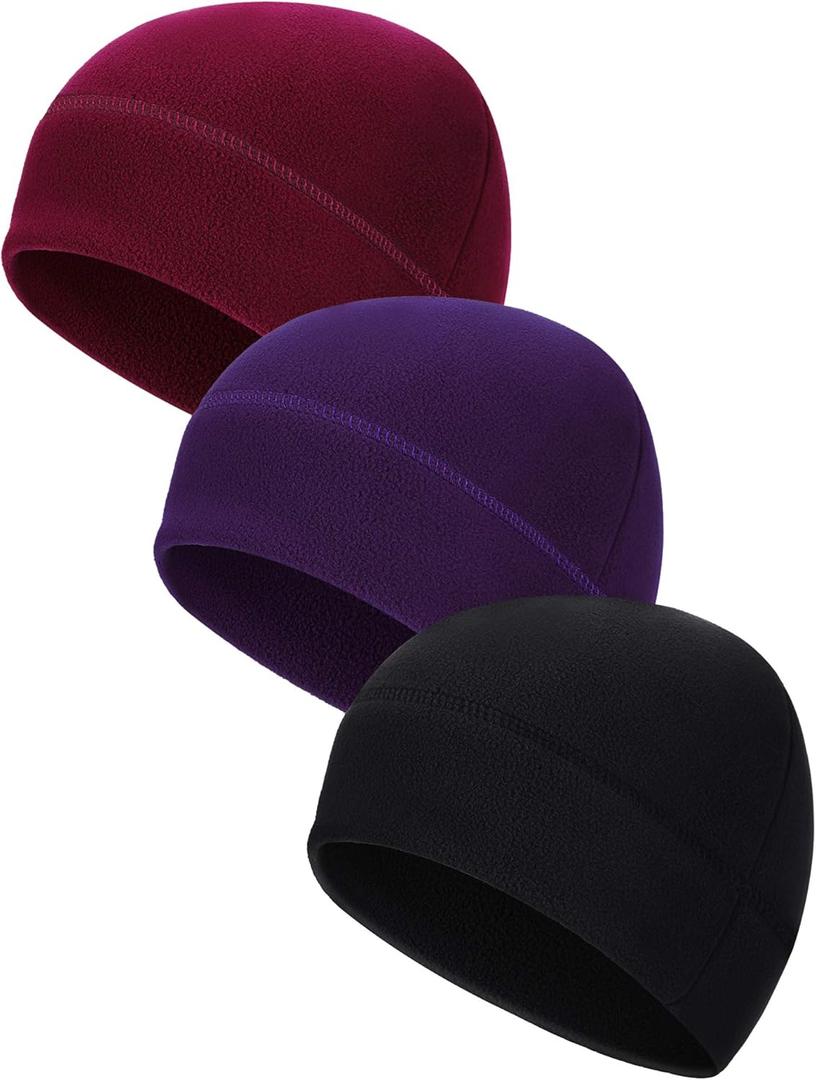3 Pieces Winter Warm Skull Cap Soft Fleece Beanie Hat Thick Windproof Watch Cap Skiing Outdoor Warm Colored for Men Women(Black, Dark Red, Purple, One Size)