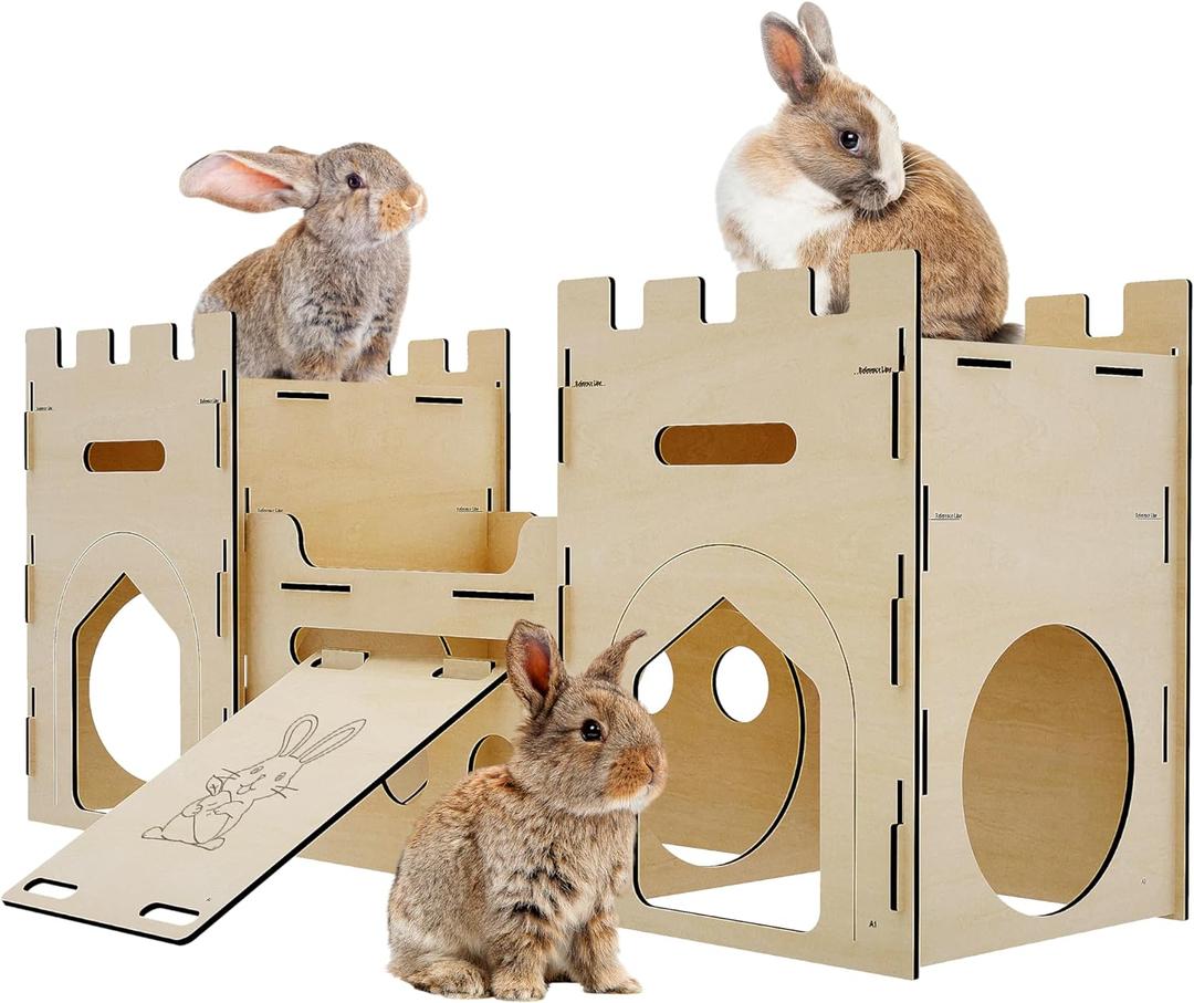HIIMALEX Extra Large Wooden Bunny Castle House Multistory Climbing Tower Hideout Ventilated Sturdy Habitat for Rabbit Guinea Pig Chinchilla Ferret