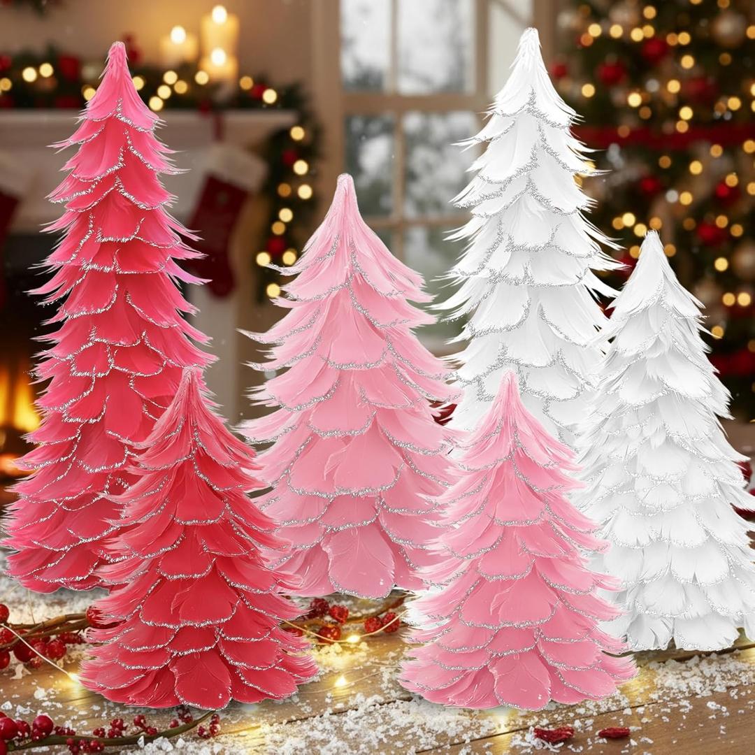 6 Pcs Christmas Feather Tree with Glitter Tips Tabletop Feather Xmas Tree Centerpieces Table Desk Christmas Decorations for Home Winter Wedding Party, 6", 8", 12"(Pink,Silver)