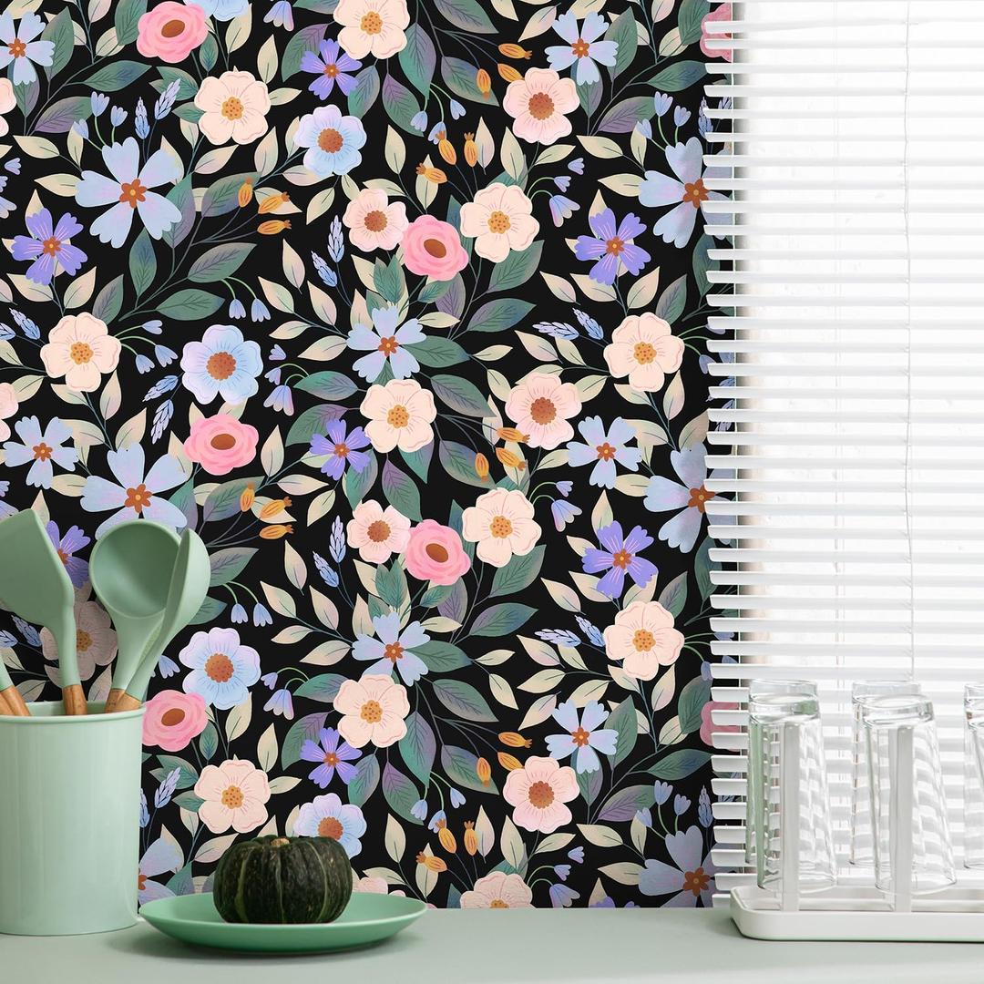Black Floral Vintage Peel and Stick Wallpaper, Boho Colorful Renter Friendly Contact Paper for Bathroom, Kitchen, Botanical Removable Wall Decor for Cabinet, Countertop, Shelf Liner, 17.5 x 118