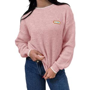 Saodimallsu Womens Sweaters Crew Neck Long Sleeve Knit Contrast Piping Stripe Lightweight Casual Fall Pullover Tops 2025 (Pink)