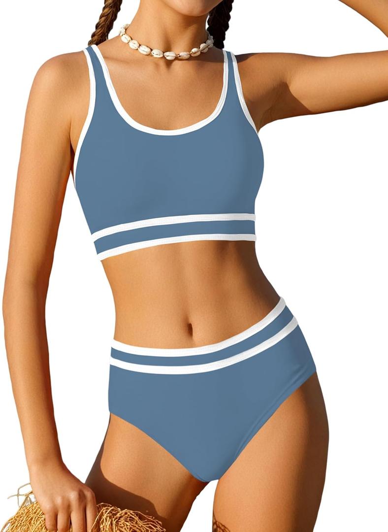 Girls Swimsuit Double Strap High Waist Sporty Bikini Swimsuits Swim Cover Up Skirt 3 Piece Set (13-14 Years, Gray-blue)