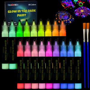 FansArriche Glow in the Dark Fabric Paints, 18 Colors x 20 ml 3D Waterproof Acrylic Textile Paint Markers, Glow in Dark Paint Pen, DIY Neon Fabric Paints for Clothes, Canvas