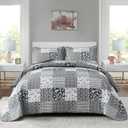 Mybedsoul Black Grey Boho Quilt Set Queen Size,3 Pieces Plaid Floral Bedspread Coverlet Set for All Season,Patchwork Reversible Bedding Set Queen 90"x96"
