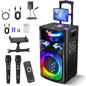 Karaoke Machine for Adults with 2 UHF Mics, 10" Woofer 480W Peak Power, Wireless 5.3 Portable Singing Speaker PA System with Remote Control, Party Lights Disco Ball, Rolling Wheels, Trolley