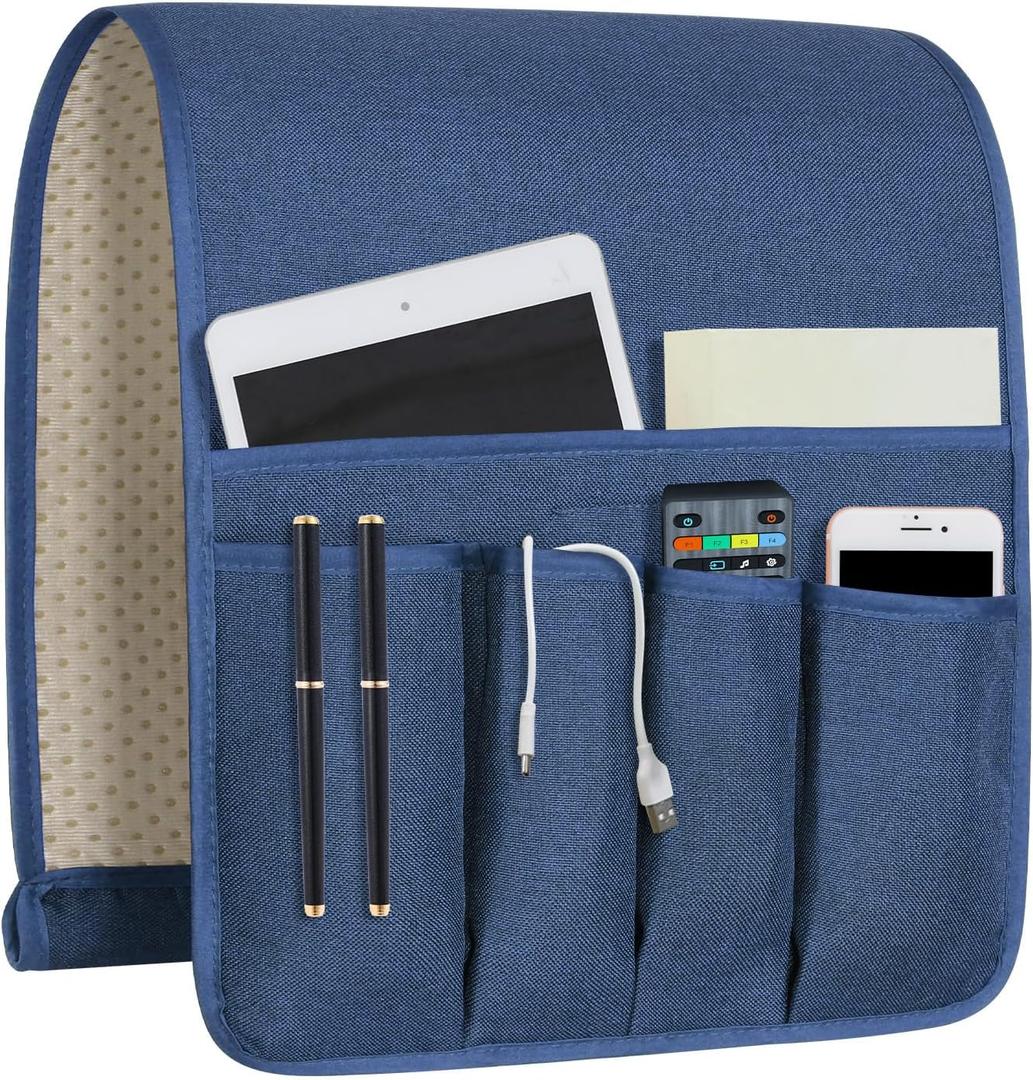 NB Sofa Armrest Organize remote holder bedside caddy organizer with 5 pocketsnon-slip couch remote control holder couch armchair caddy accessories (Blue, 35"x12.4")