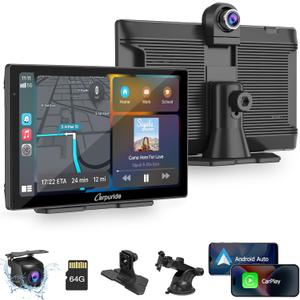 CARPURIDE W905 Portable Carplay & Android Auto, Touch Carplay Screen for Car, 4K Dash Cam,1080p Backup Camera, Car Play Navigation with Mirror Link/Siri/FM/Bluetooth/Light Sensor