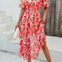 Womens Floral Flowy Wrap V Neck Midi Dress Short Sleeve Elastic Waist Casual Spring Summer Dresses for Women 2025 (S)