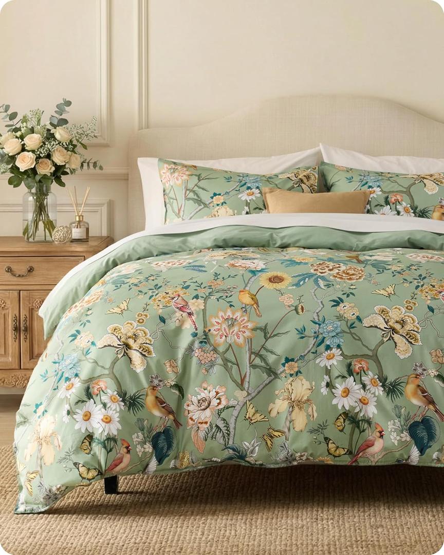 Bedsure Floral Duvet Cover King Size - 100% Cotton Reversible Flowers and Birds Pattern Duvet Cover Set, 3 Pieces Soft & Breathable PureWoven Bedding Set with 2 Pillow Shams (Green Garden, 104"x90")