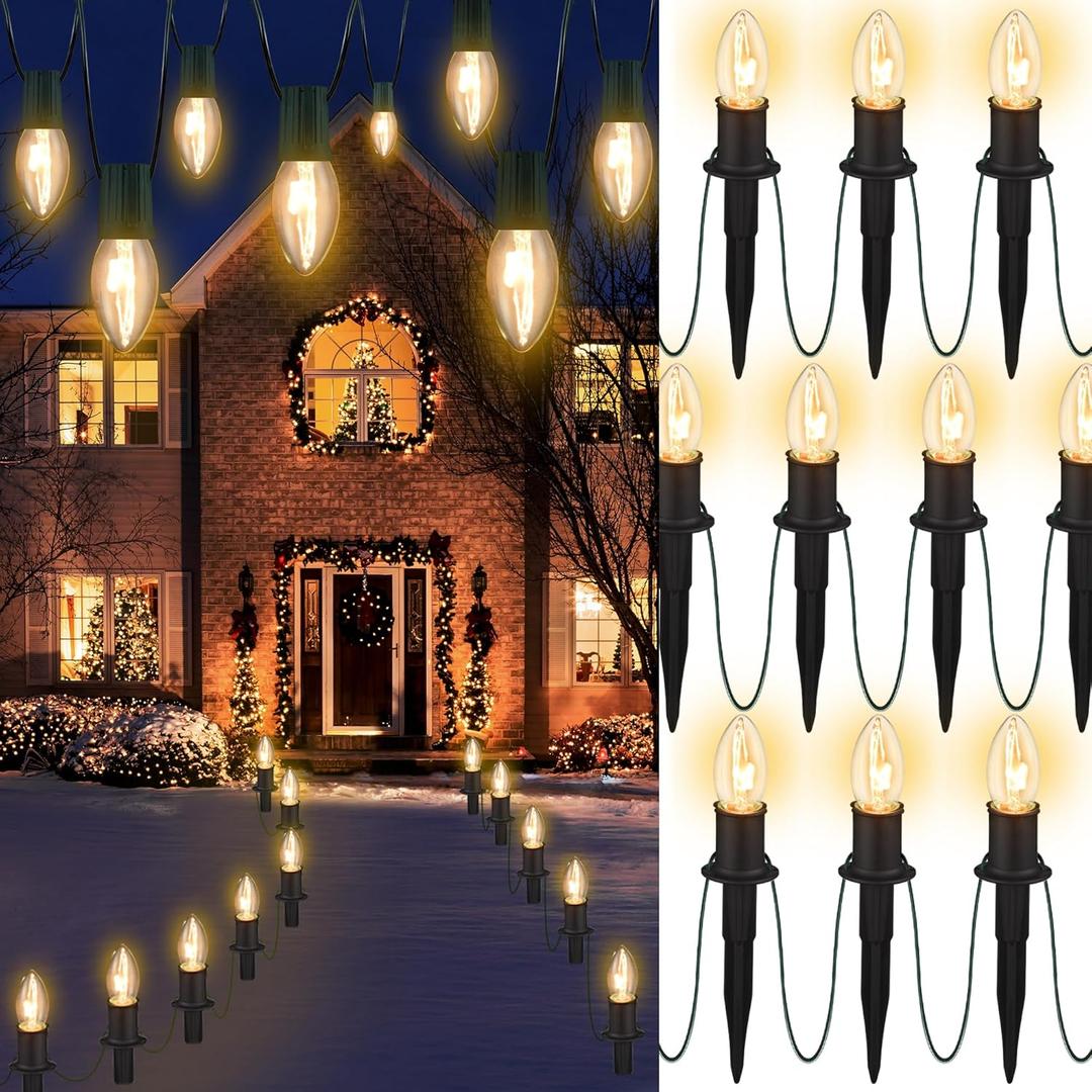 Outdoor Warm Christmas Pathway Lights, 24.2ft 20 Lights with Stakes, Outside Walkway Marker, C9 Christmas Decor, Driveway Decorations, Waterproof, Hanging or Plugging