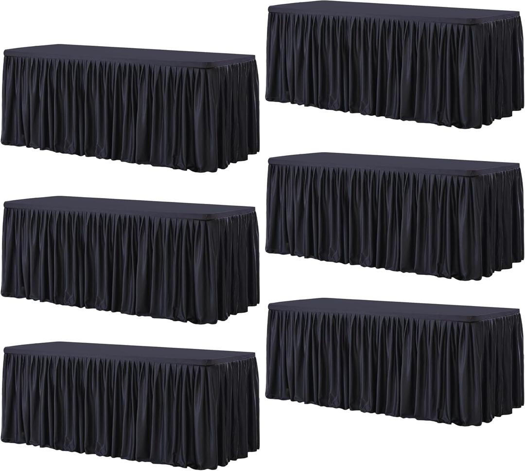 Wish Care 6 Pack Black Rectangle Table Clothes for 8 Foot Tables, Polyester Fitted Tablecloths 8ft Stretch Table Cover for Wedding, Birthday, Parties, Trade Show, Craft Show