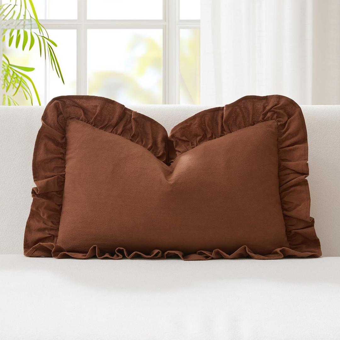 Kevin Textile 12x20 Inch Lumbar Pillow Cover 1 Pack 100% Cotton Lace Ruffles Scalloped Decorative Rectangle Cushion Case Soft Pillow for Bedding Couch Sofa, Brown
