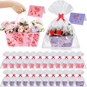 Kolldenn 12 Pack Empty Gift Basket to Fill 9.8 x 6.5'' Pink Purple Floral Bouquet Box with Handles Bows Plastic Bags and Card for Tea Party Wedding Arrangement