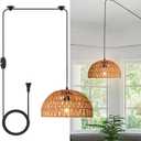 HuisMier Rattan Hanging Lamp Plug in Pendant Light with 15 Ft Plug in Cord, Wicker Woven Basket Lampshade Hanging Light with Dimmable Switch, Boho Plug in Pendant Light for Kitchen Farmhouse Bedroom