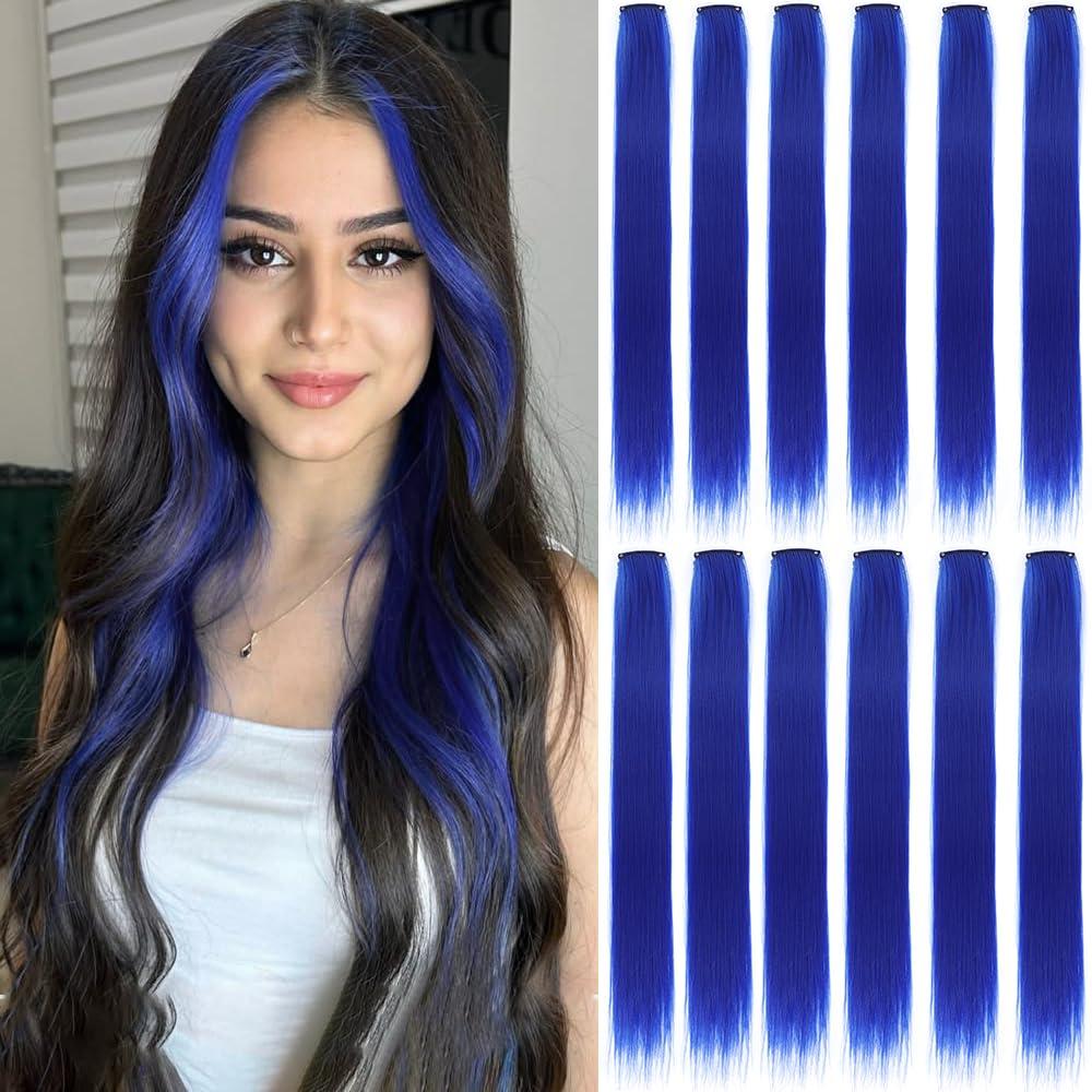 12 Pcs Blue hair extensions 22 Inch Straight colored hair colorful clip in extensions Highlight Party for Kids Girls and Women Gift (Blue,23)