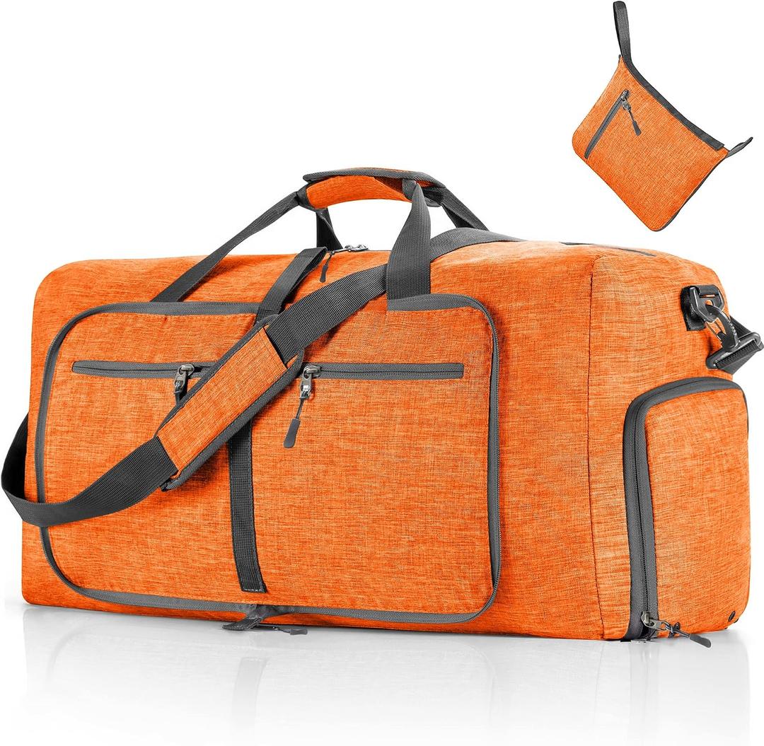 Travel Duffle Bag for Men, 65L Foldable Travel Duffel Bag with Shoes Compartment Overnight Bag for Men Women Waterproof & Tear Resistant (Orange)